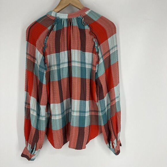 Anthropologie Pilcro Blouse Size Small Orange Red Blue Breezy Plaid Button Up - Picture 5 of 9